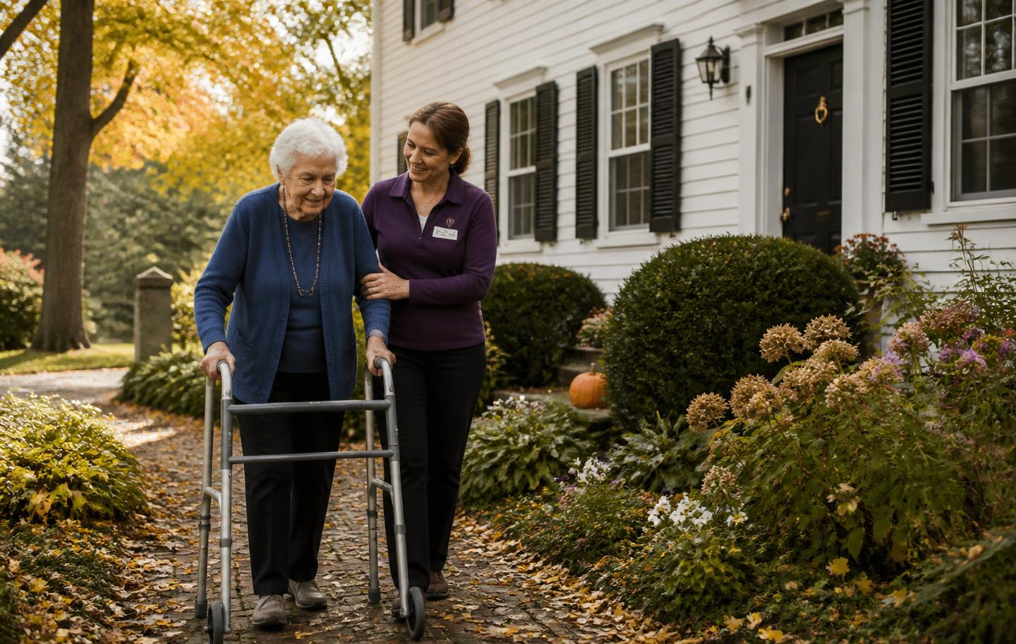 An older man walking slowly along a tree-lined path with a caregiver holding his arm for support.
