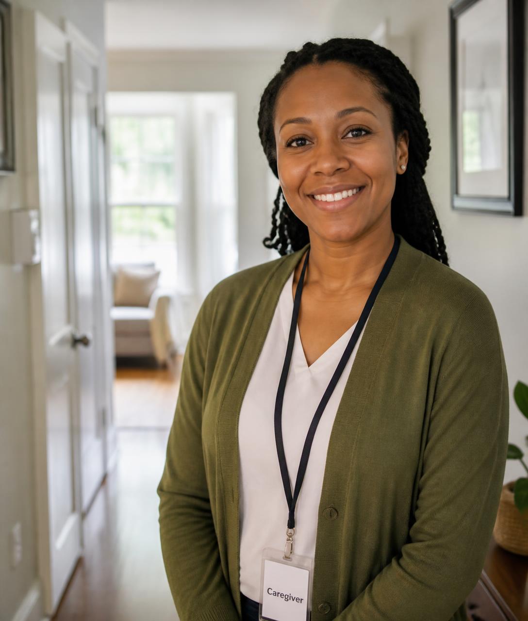 A smiling caregiver in a soft cardigan standing in a bright hallway, holding a folded blanket.