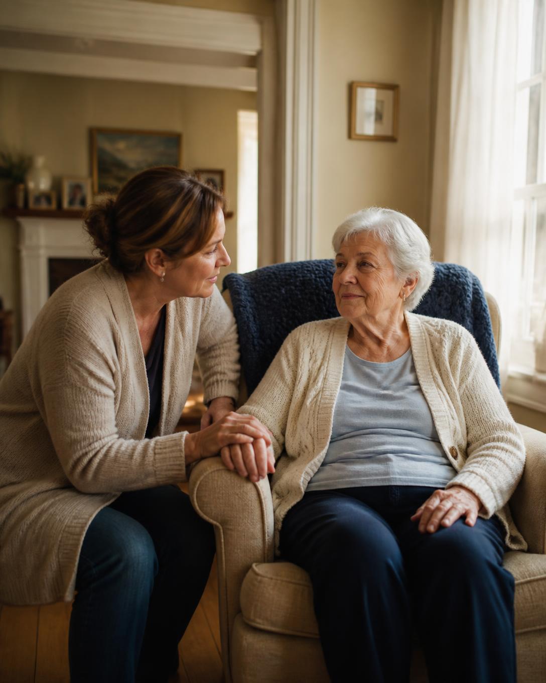 A caregiver's hands gently resting over the hands of an older woman seated in a sunlit living room.