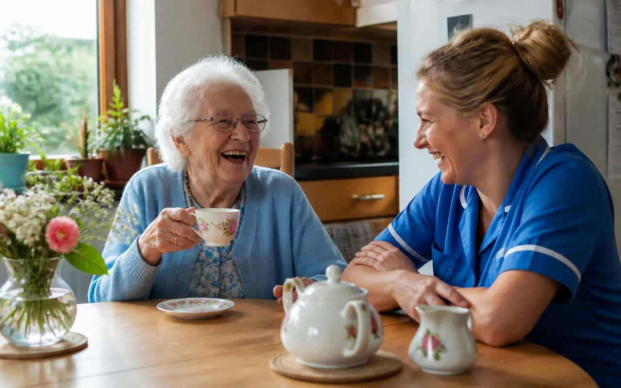 An older woman laughing over a cup of tea at her kitchen table with her caregiver sitting beside her.