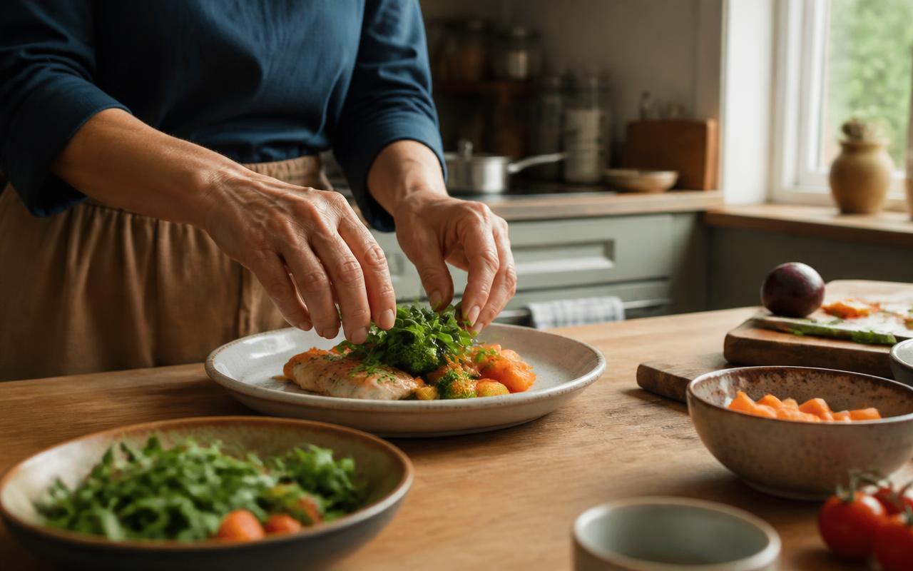A caregiver plating a freshly cooked meal of fish and vegetables on a wooden kitchen counter in a bright home kitchen.