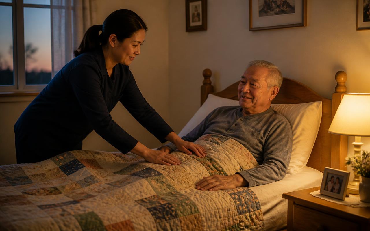 A live-in caregiver smoothing a patchwork quilt as an older man settles into bed under the glow of a bedside lamp.