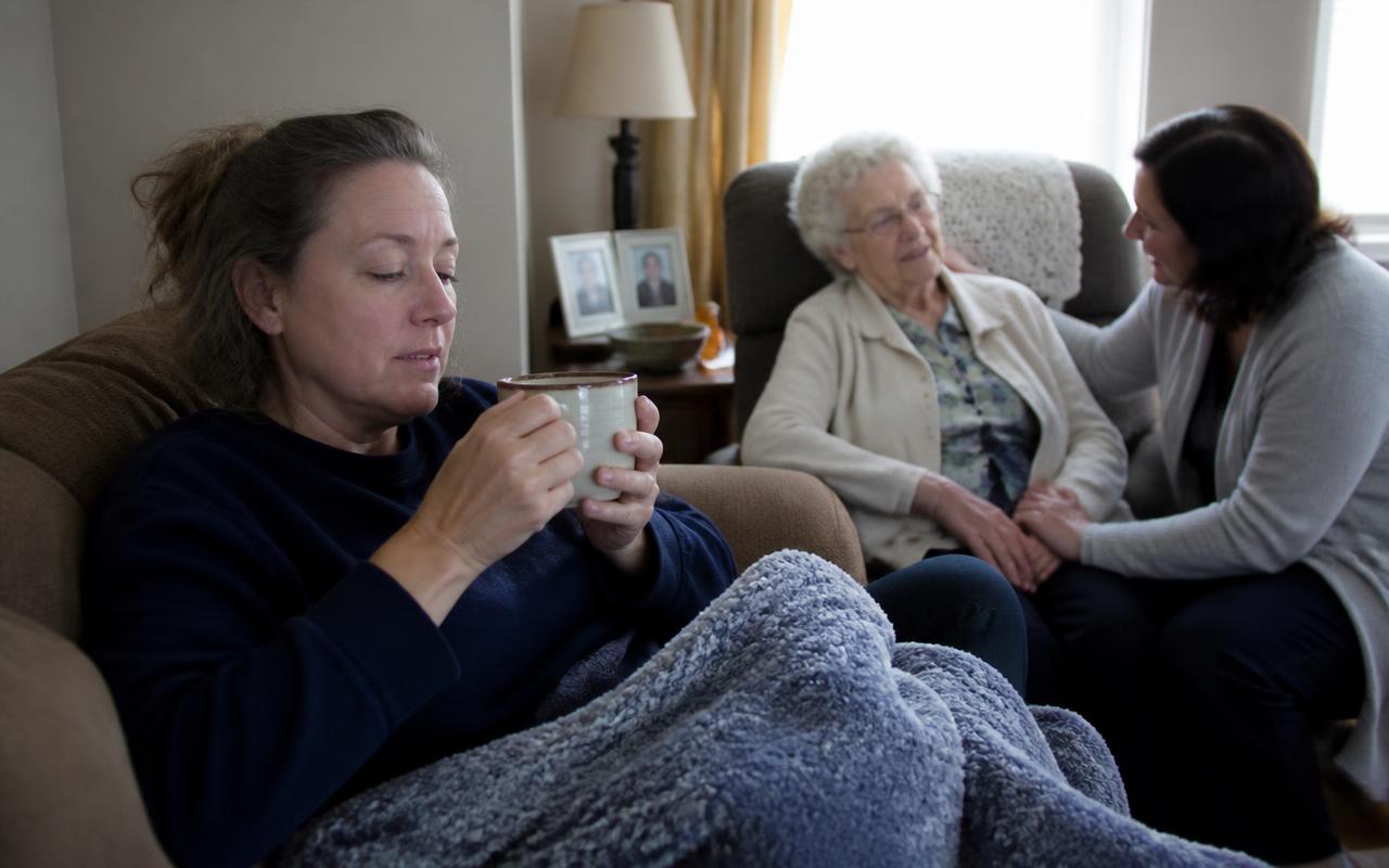 A tired adult daughter resting on the sofa with a warm mug while a caregiver sits with her elderly mother nearby.